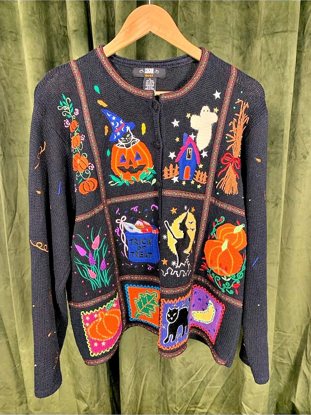Vintage 90s Segue Halloween Embroidered Knit Cardigan Sweater XL